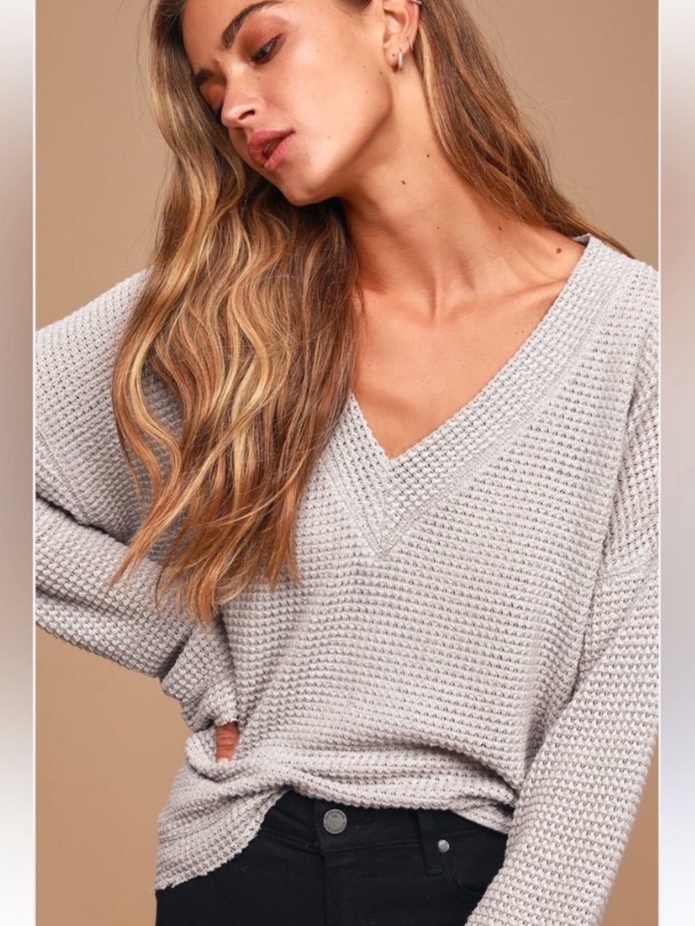 Lulus Light Gray Waffle Knit V-Neck Sweater - Large